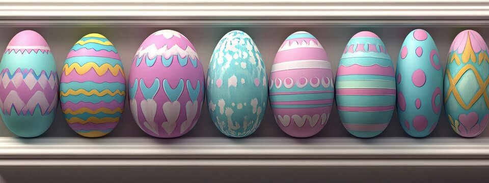 From a top view, an Easter banner portraying a colorful Easter egg framed by a double-sided border, set on a white background and designed with space for text