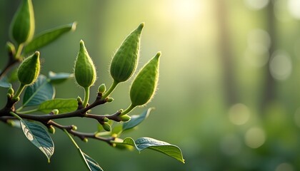 Green buds on a branch illuminated by soft sunlight in a serene forest environment