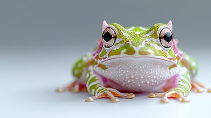 Naklejka premium Ornate horned frog with vibrant green and pink markings sits on a clean white surface in a studio setting.