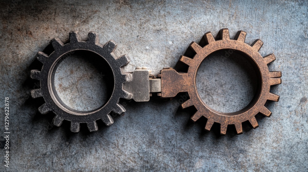 Aufkleber two interlocking gears on a textured surface, symbolizing connection and collaboration in industry