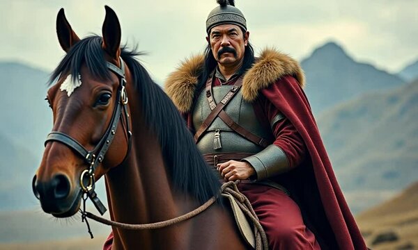 Portrait of Genghis Khan in Traditional Mongolian Attire