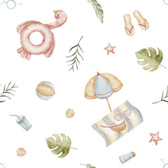 Pattern flamingo pink, beach accessories, tropical leaves monstera. Seamless watercolor summer print. Illustrations are hand-drawn design children's textiles, fabrics, packaging, clothes, wallpapers