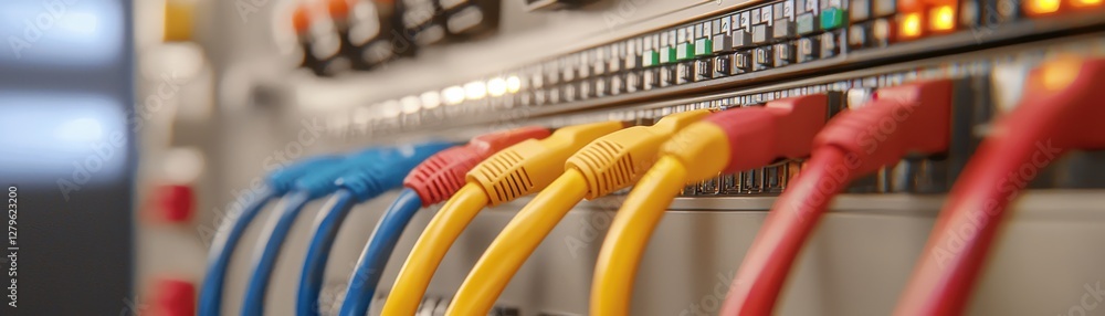 Aufkleber close-up of colorful ethernet cables connected to network switch in digital data center