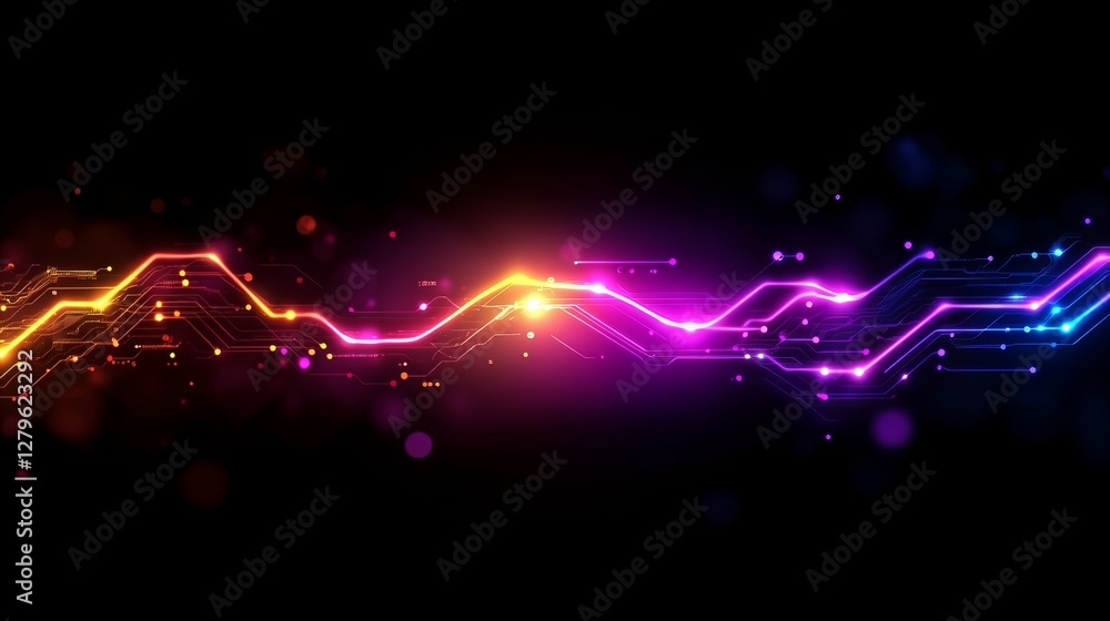 Aufkleber vibrant neon circuit lines flow across a dark background, creating a dynamic digital art piece.