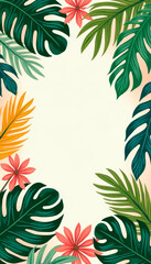 Tropical background with exotic leaves and flowers. Cute illustration with copy space for text