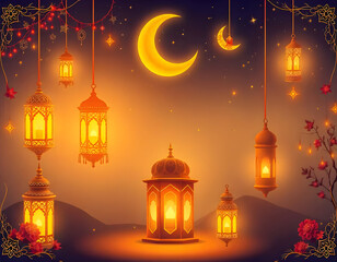 Obraz premium Ramadan Kareem Greeting Card with Lanterns and Crescent Moon 