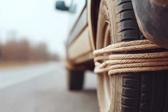 Rope-wrapped tire on vehicle. Traction solution in mud or snow. Ingenious MacGyver fix. Off-road adventure gone awry. Hope it works!