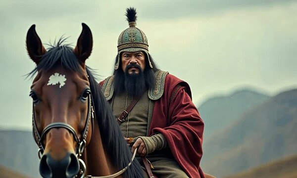 Portrait of Genghis Khan in Traditional Mongolian Attire