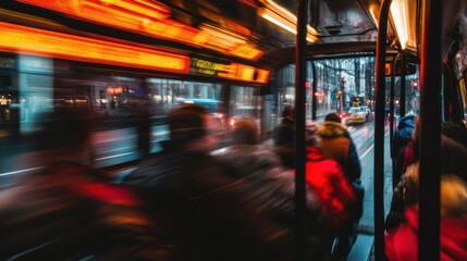 Fototapeta premium Motion Blur Inside Bus with Commuters on Gloomy City Street