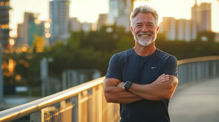 fit and happy senior man in sportswear enjoying outdoor fitness in the city - active and healthy lifestyle concept