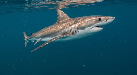 Fototapeta premium Majestic Great White Shark gliding gracefully in the ocean's turquoise depths