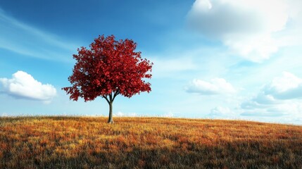 Serene red tree landscape on grassy hill against bright blue sky background