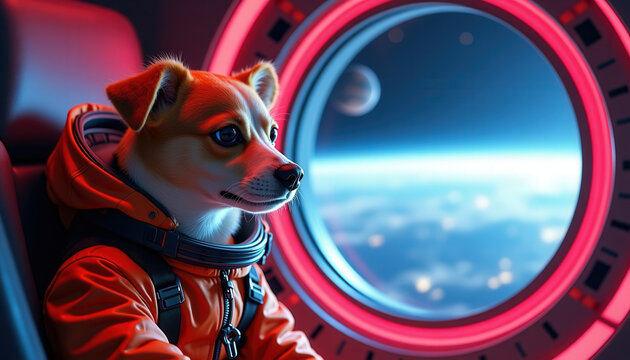 Space adventure featuring a dog in an orange astronaut suit gazing out of a spacecraft window at distant planets and stars