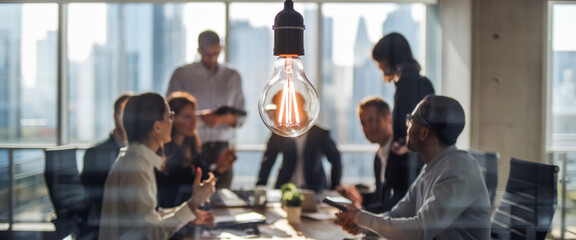 A bright lightbulb hanging above a group of professionals engaged in a collaborative meeting, symbolizing teamwork, brainstorming, and innovation in a modern business environment.