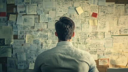 Person Contemplating Ideas on Bulletin Board