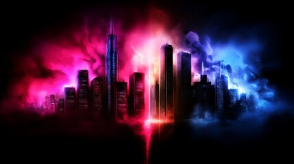 A futuristic cityscape at night, split by contrasting pink and blue neon lights, creating a dramatic and vibrant scene.