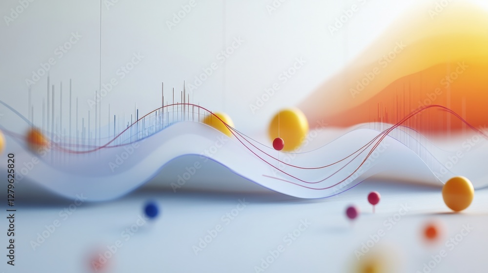 Poster abstract visualization of data trends with colorful spheres and flowing waves representing analytics