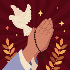 Vector design of praying hands with christian rosary, symbol of catholic religion