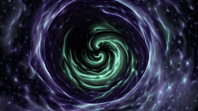 A swirling galaxy-like vortex in deep space, captured from a top-down angle, resembling a sci-fi video effect with vibrant purple and green hues.