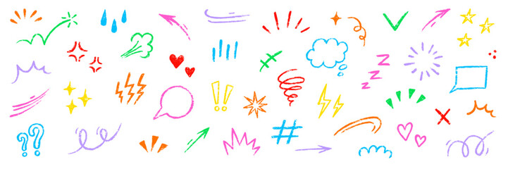 Obraz premium Line movement element hand drawn chalk effect decoration shape. Hand drawn cute doodle line element arrow, emphasis, shock, sparkle. Motion cartoon movement chalk icon. Vector illustration