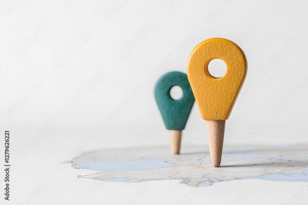 Poster two location pin pointers on a map with a yellow pin in the foreground, pointing to a destination, s