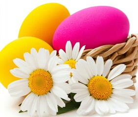 Obraz premium A white canvas shows an Easter basket full of differently colored eggs
