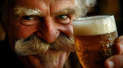 A jovial old man with a thick mustache and twinkling eyes, lifting a frosty glass of beer with a playful smirk
