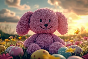 Fototapeta premium Happy Easter bunny racing with eggs flying all around, brought to life by generative stock and generative AI