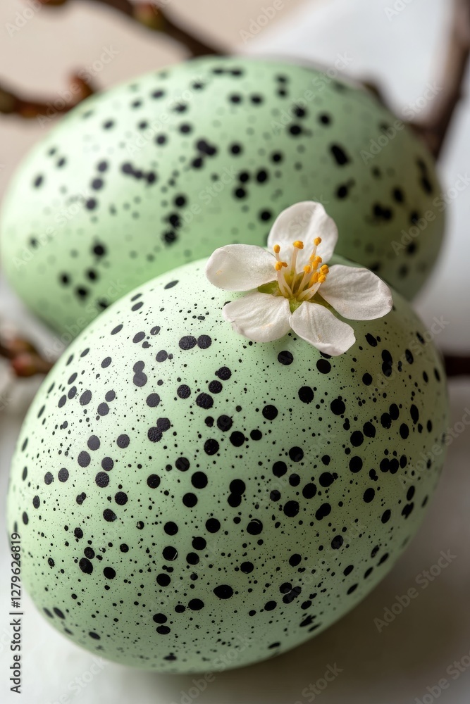 Aufkleber easter quail eggs and springtime flowers are featured on a white background in a top-down view. this