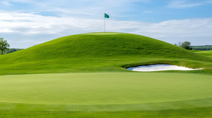 Obraz premium Elevated golf green, flag, sand trap, summer sky, course background