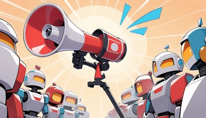 Rows of robots gather around a megaphone, highlighting technology’s role in communication and teamwork among animated characters.