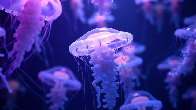 Medusas bajo el agua brillando suavemente en un ambiente azul tranquilo para decoraci&oacute;n marina.
