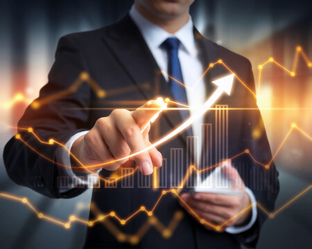 A business leader pointing at a glowing upward graph in a digital interface, symbolizing financial growth, strategy, and success in corporate performance and data analytics.