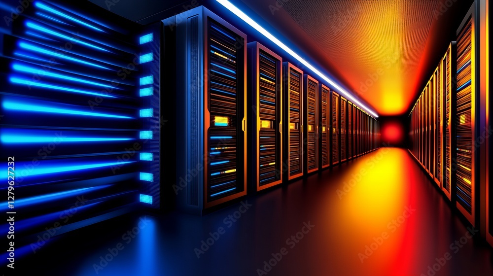 Poster vibrant server room with rows of illuminated data storage units. a futuristic, high-tech atmosphere.