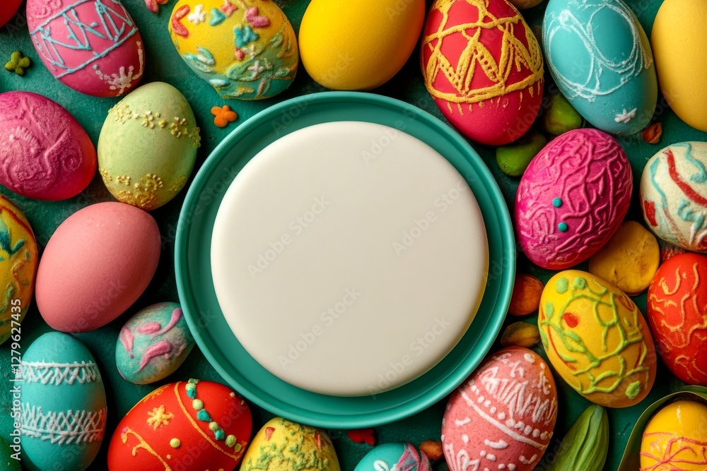 Aufkleber an overhead view of a circular layout of colorful easter eggs embraced by clusters of yellow and pin