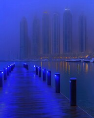 Enchanting twilight scene a misty blue-lit pier extends towards a row of skyscrapers, reflecting in the calm water.  Yachts are gently bobbing in the harbor.