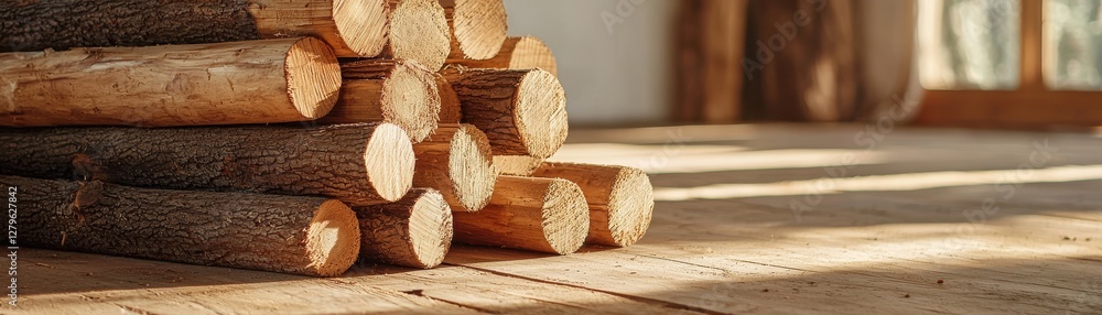 Poster stacked logs on wooden floor in natural light with soft shadows creating a warm rustic ambiance