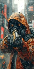 Fototapeta premium Soldier in a gas mask with a gun in his hands.