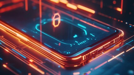 Futuristic smartphone is transferring data while showing security lock symbol, ensuring secure communication and protection against cyber threats in digital environment