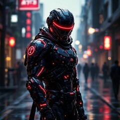 3D rendering of a male cyborg in the city at night