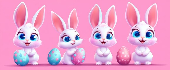 Obraz premium A modern, cheerful Easter comic element includes a cute, hand-drawn fluffy rabbit, Easter eggs, fresh spring flowers, a carrot, a chick, and a basket. Ideal for decorative purposes, cards, and