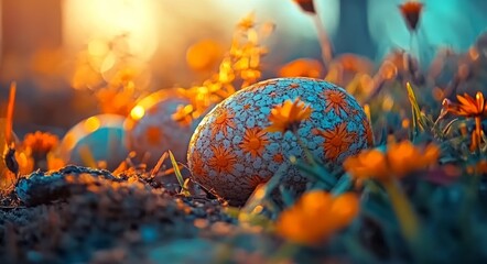 Celebrate Happy Easter with a template of painted eggs on green grass and a clear background