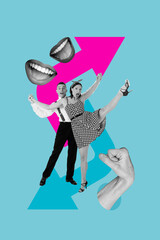 Art image vertical photo collage of two happy girl guy dance together arrow path development hand show fist gesture mouth success