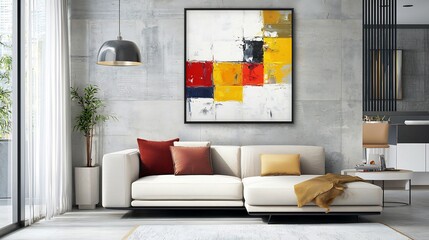 Contemporary living room an ISO A size framed poster featuring minimalist art The neutral toned walls and modern design complement the interior styling and create a relaxed living space ambiance