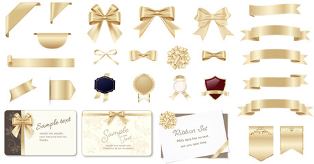 ゴールドのリボンとカードのフレームセット　りぼん　見出し　タイトル
