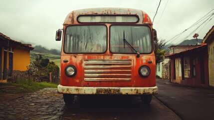 Fototapeta premium Vintage Orange Bus Parked in Quaint Village with Dramatic Sky