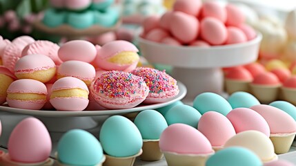Obraz premium In the serene light of Easter morning, a table is elegantly set with a spring bouquet and various Easter eggs