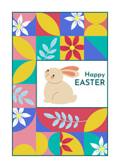 Happy Easter card. Multicolored and festive template. Trendy design with abstract geometric shapes, cute bunny and flowers.