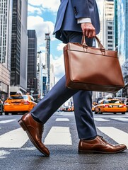 A businessman in a suit walks confidently across a city street, carrying a brown leather briefcase,...