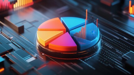 Colorful pie chart on a futuristic digital background with data visualization elements